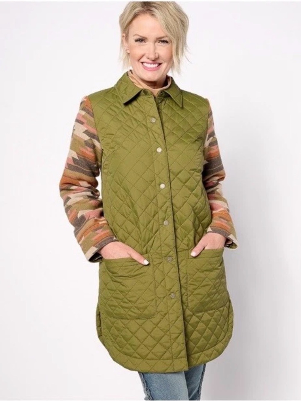 Denim & Co. Canyon Retreat Southwest Jacquard Quilted Jacket Olive size XS
